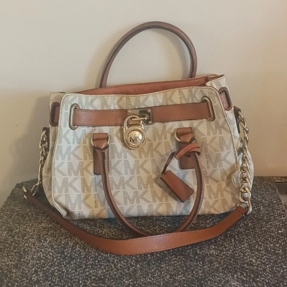 Michael Kors Tan and Cream Satchel Purse Coated Canvas